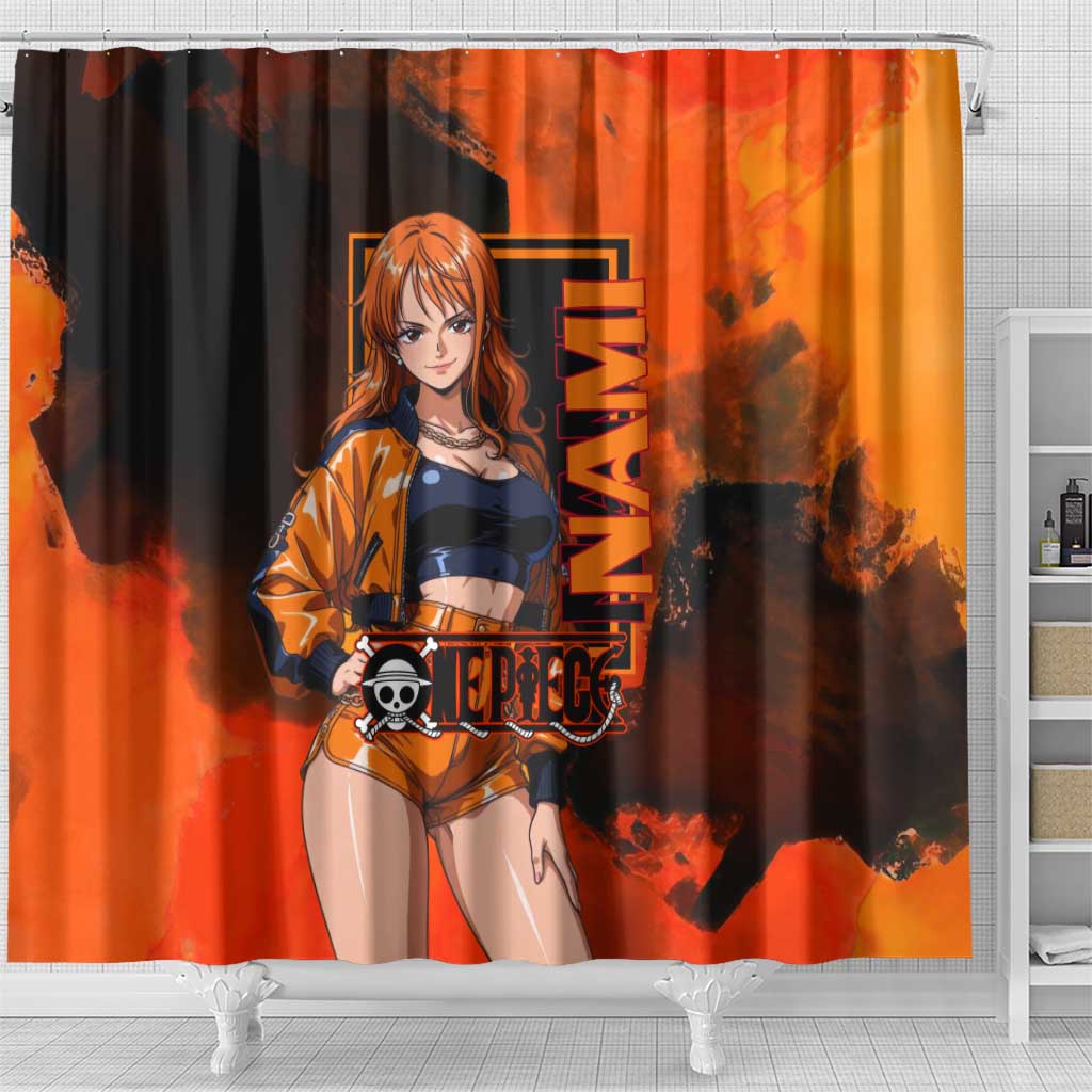 Nami One Piece Orange and Black Theme Shower Curtain with Navigator Pose and Weather Staff Design - The Mazicc