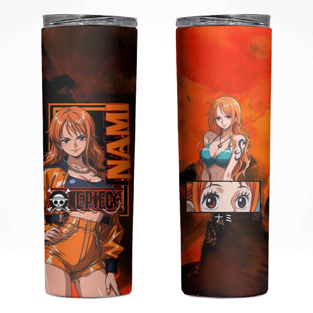Nami One Piece Orange and Black Theme Skinny Tumbler with Navigator Pose and Weather Staff Design - The Mazicc