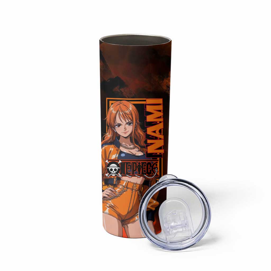 Nami One Piece Orange and Black Theme Skinny Tumbler with Navigator Pose and Weather Staff Design - The Mazicc