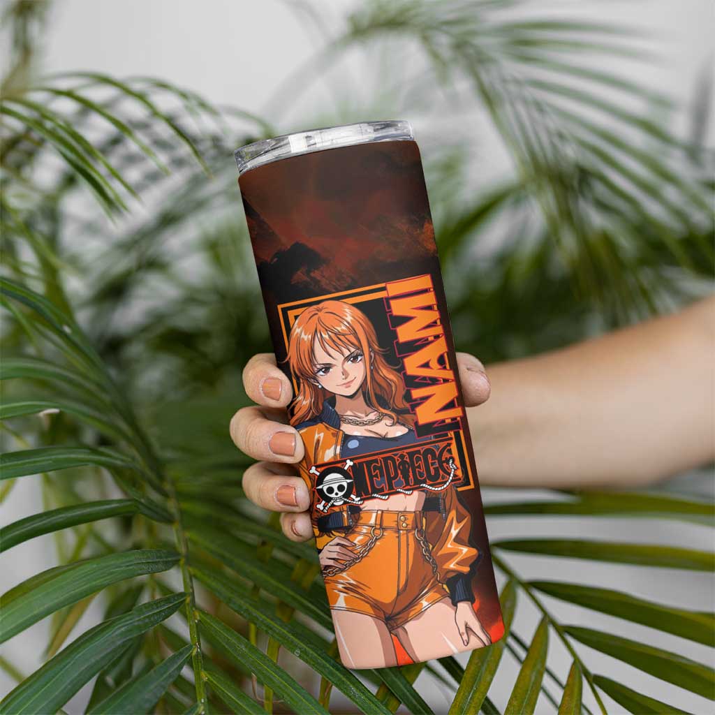 Nami One Piece Orange and Black Theme Skinny Tumbler with Navigator Pose and Weather Staff Design - The Mazicc