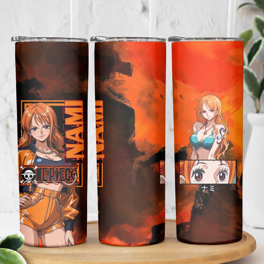 Nami One Piece Orange and Black Theme Skinny Tumbler with Navigator Pose and Weather Staff Design - The Mazicc