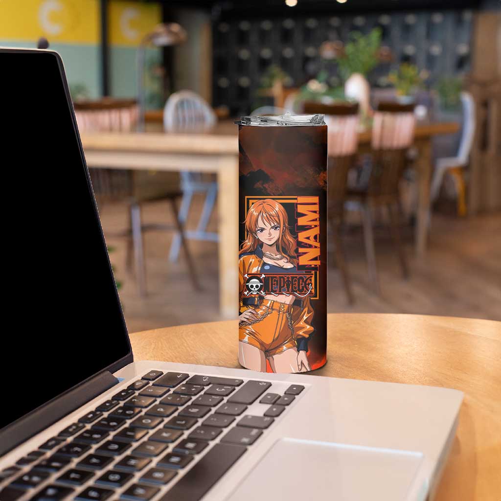 Nami One Piece Orange and Black Theme Skinny Tumbler with Navigator Pose and Weather Staff Design - The Mazicc