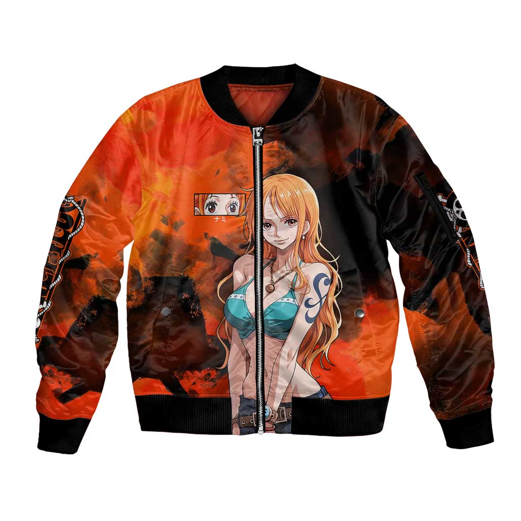 Nami One Piece Orange and Black Theme Sleeve Zip Bomber Jacket with Navigator Pose and Weather Staff Design - The Mazicc