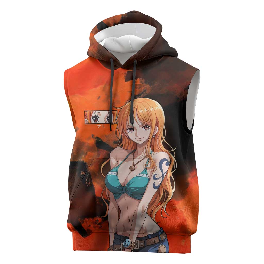 Nami One Piece Orange and Black Theme Sleeveless Hoodie with Navigator Pose and Weather Staff Design - The Mazicc