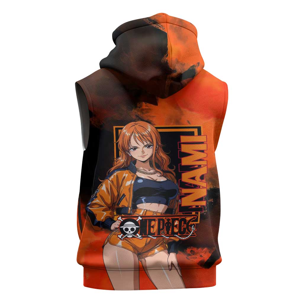 Nami One Piece Orange and Black Theme Sleeveless Hoodie with Navigator Pose and Weather Staff Design - The Mazicc