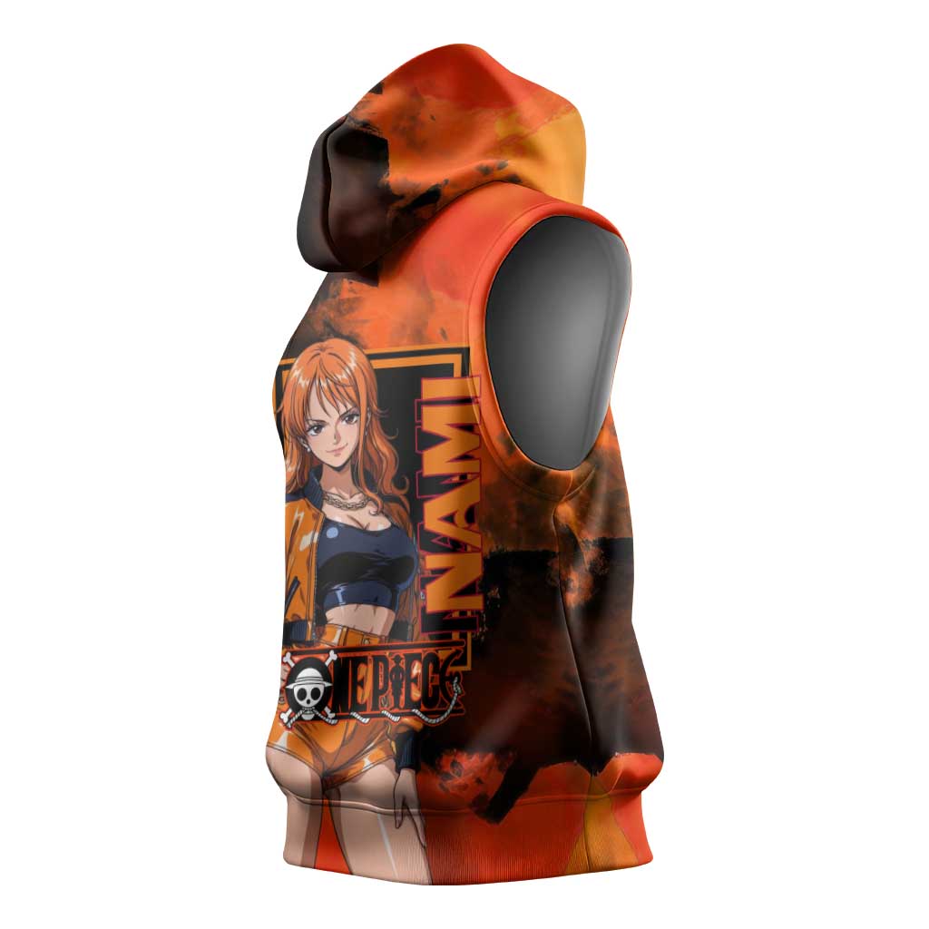 Nami One Piece Orange and Black Theme Sleeveless Hoodie with Navigator Pose and Weather Staff Design - The Mazicc