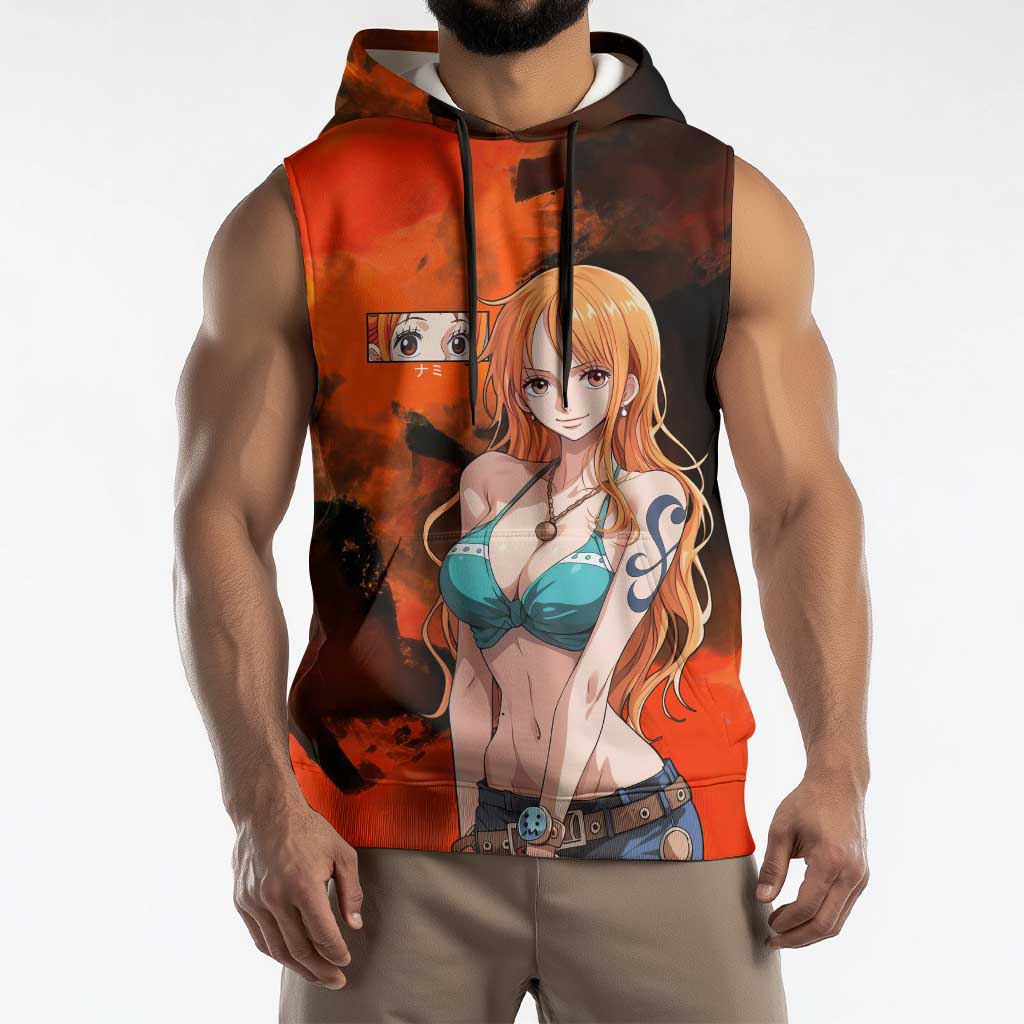 Nami One Piece Orange and Black Theme Sleeveless Hoodie with Navigator Pose and Weather Staff Design - The Mazicc
