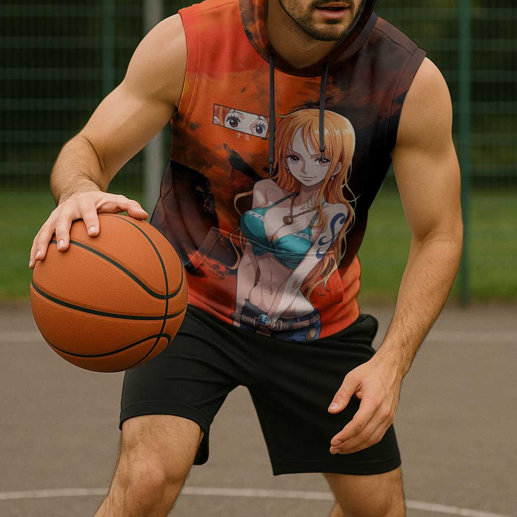 Nami One Piece Orange and Black Theme Sleeveless Hoodie with Navigator Pose and Weather Staff Design - The Mazicc