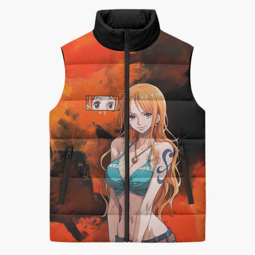 Nami One Piece Orange and Black Theme Sleeveless Puffer Jacket with Navigator Pose and Weather Staff Design - The Mazicc