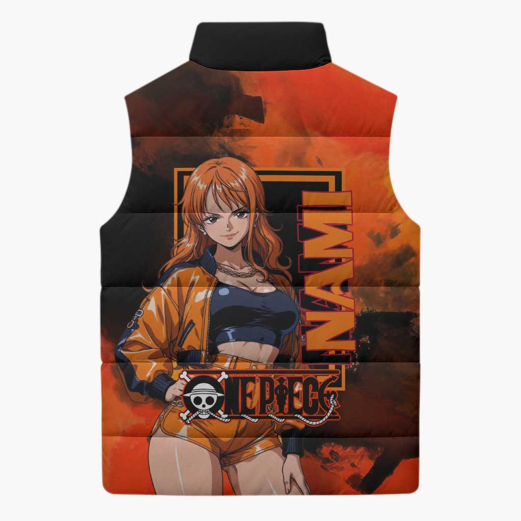 Nami One Piece Orange and Black Theme Sleeveless Puffer Jacket with Navigator Pose and Weather Staff Design - The Mazicc