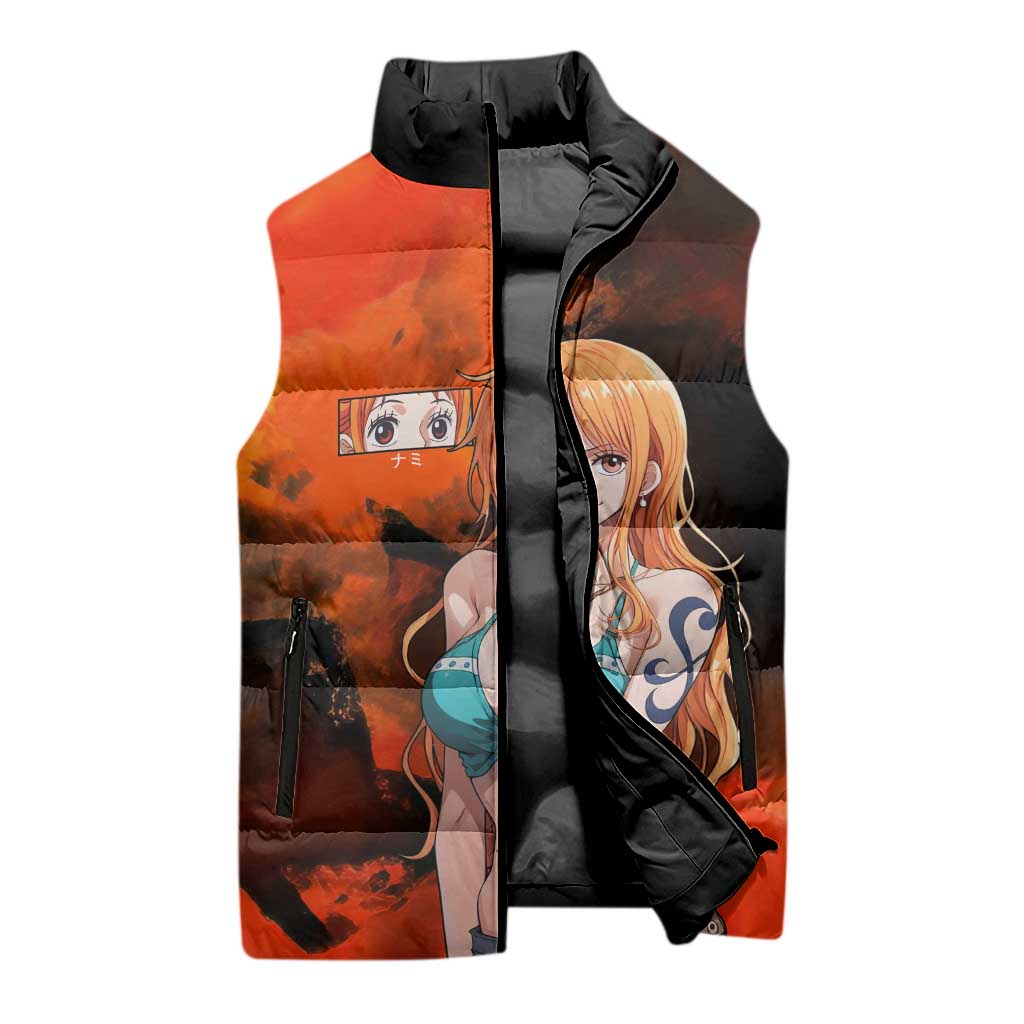 Nami One Piece Orange and Black Theme Sleeveless Puffer Jacket with Navigator Pose and Weather Staff Design - The Mazicc