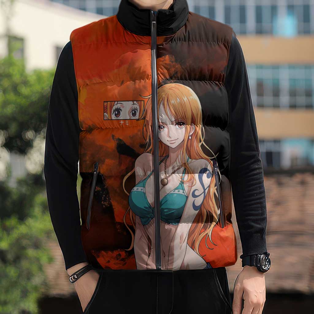 Nami One Piece Orange and Black Theme Sleeveless Puffer Jacket with Navigator Pose and Weather Staff Design - The Mazicc