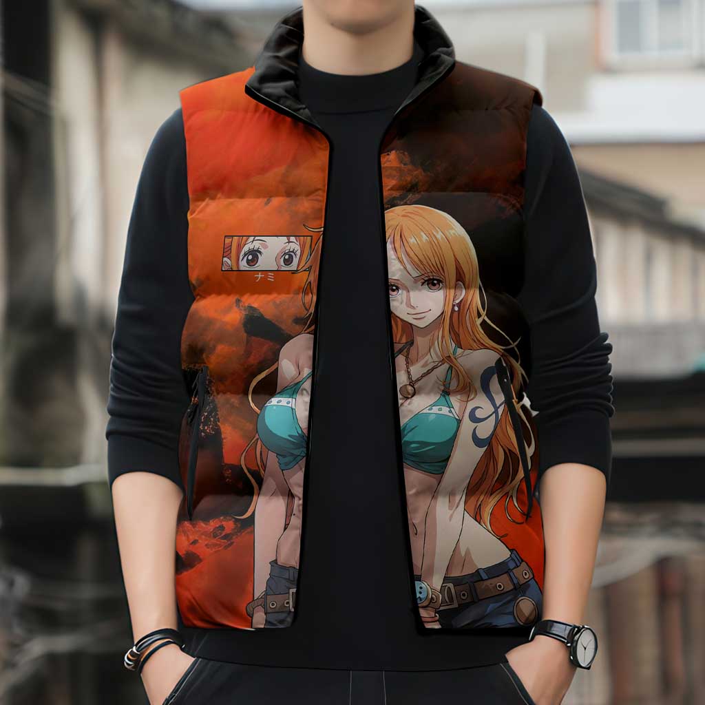 Nami One Piece Orange and Black Theme Sleeveless Puffer Jacket with Navigator Pose and Weather Staff Design - The Mazicc