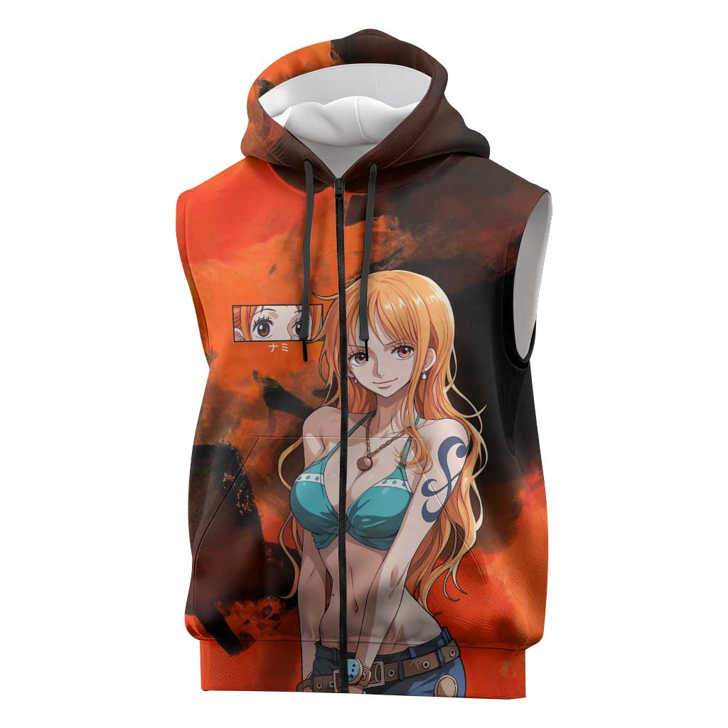 Nami One Piece Orange and Black Theme Sleeveless Zip Hoodie with Navigator Pose and Weather Staff Design - The Mazicc