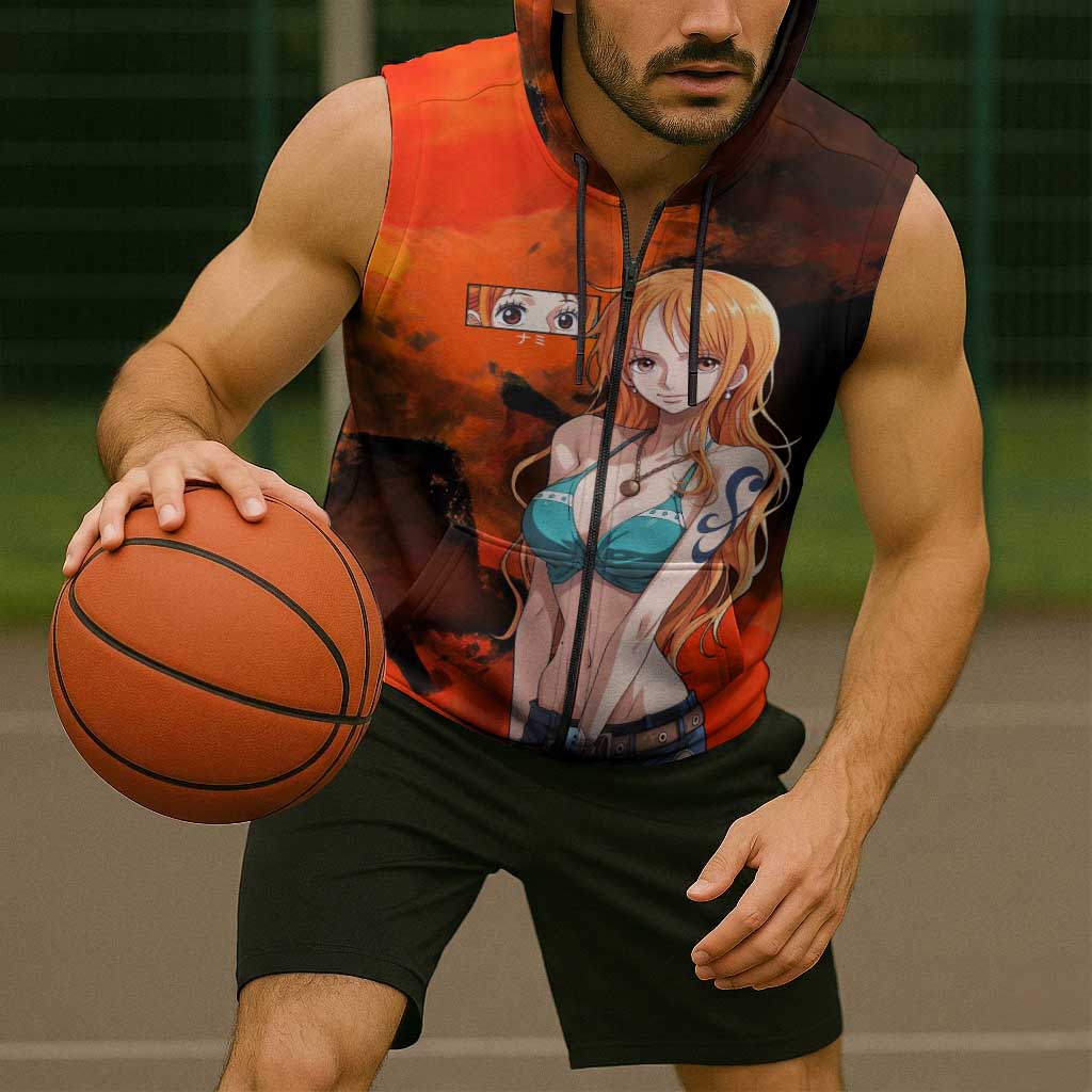 Nami One Piece Orange and Black Theme Sleeveless Zip Hoodie with Navigator Pose and Weather Staff Design - The Mazicc