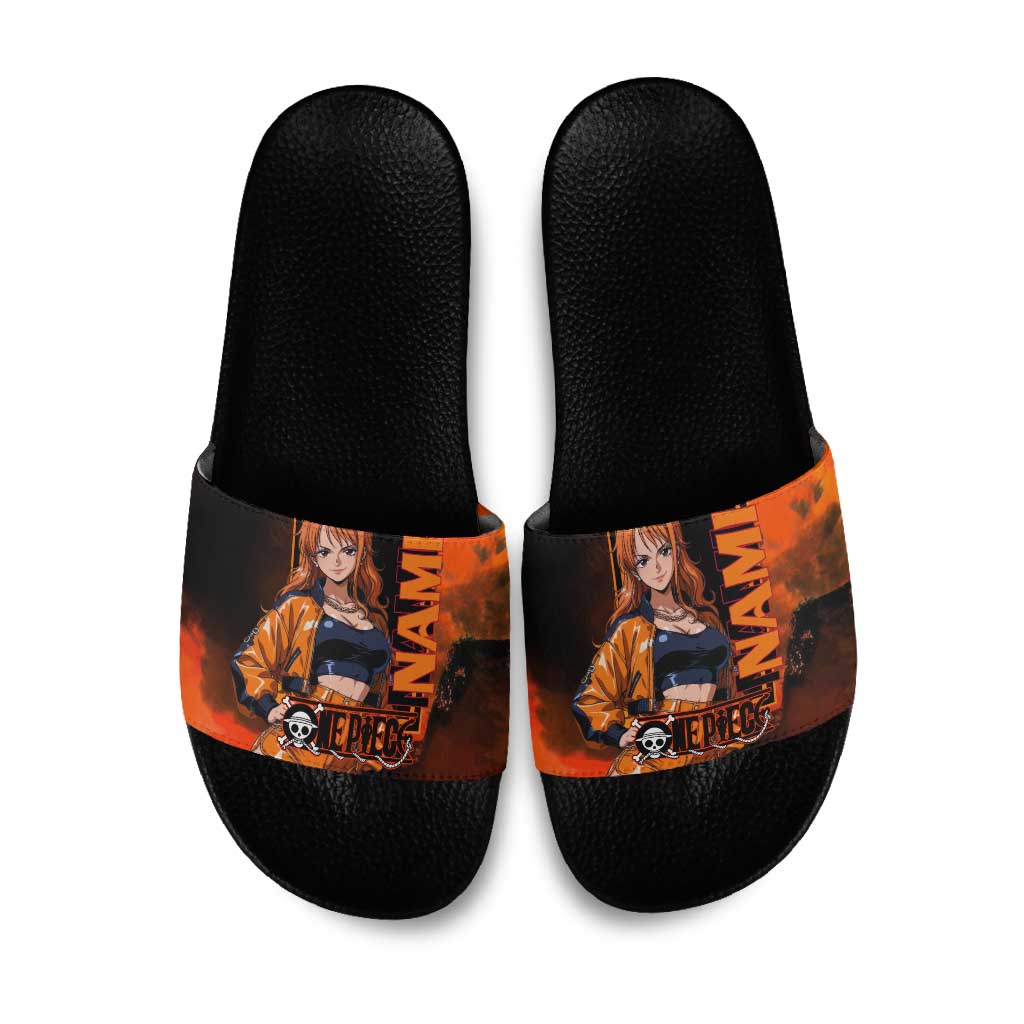 Nami One Piece Orange and Black Theme Slide Sandals with Navigator Pose and Weather Staff Design - The Mazicc