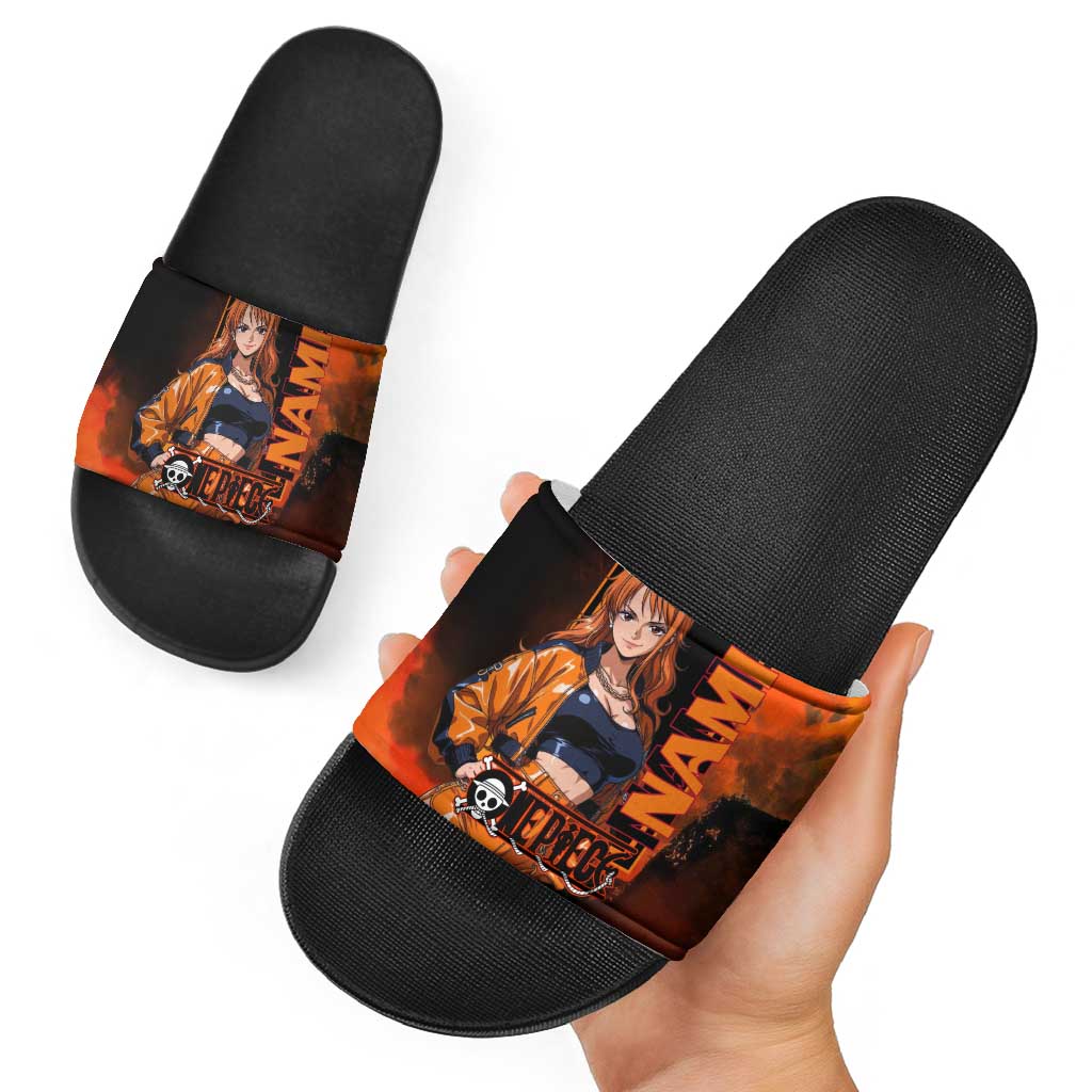 Nami One Piece Orange and Black Theme Slide Sandals with Navigator Pose and Weather Staff Design - The Mazicc