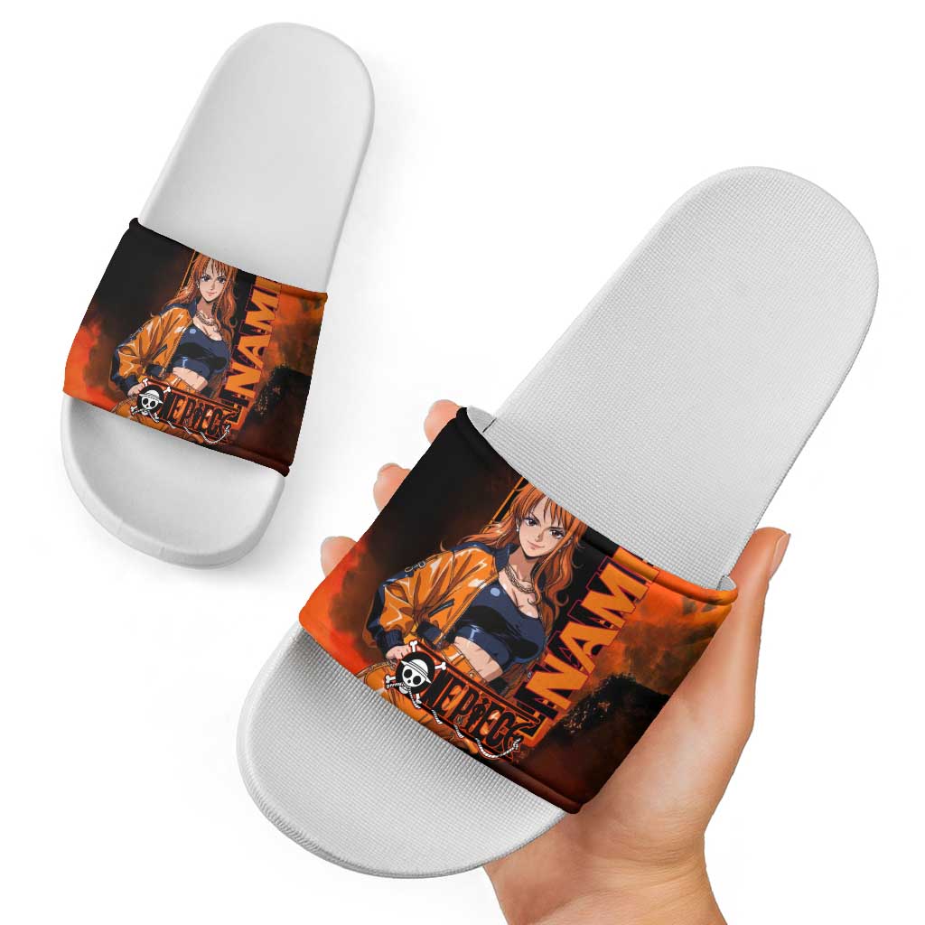 Nami One Piece Orange and Black Theme Slide Sandals with Navigator Pose and Weather Staff Design - The Mazicc