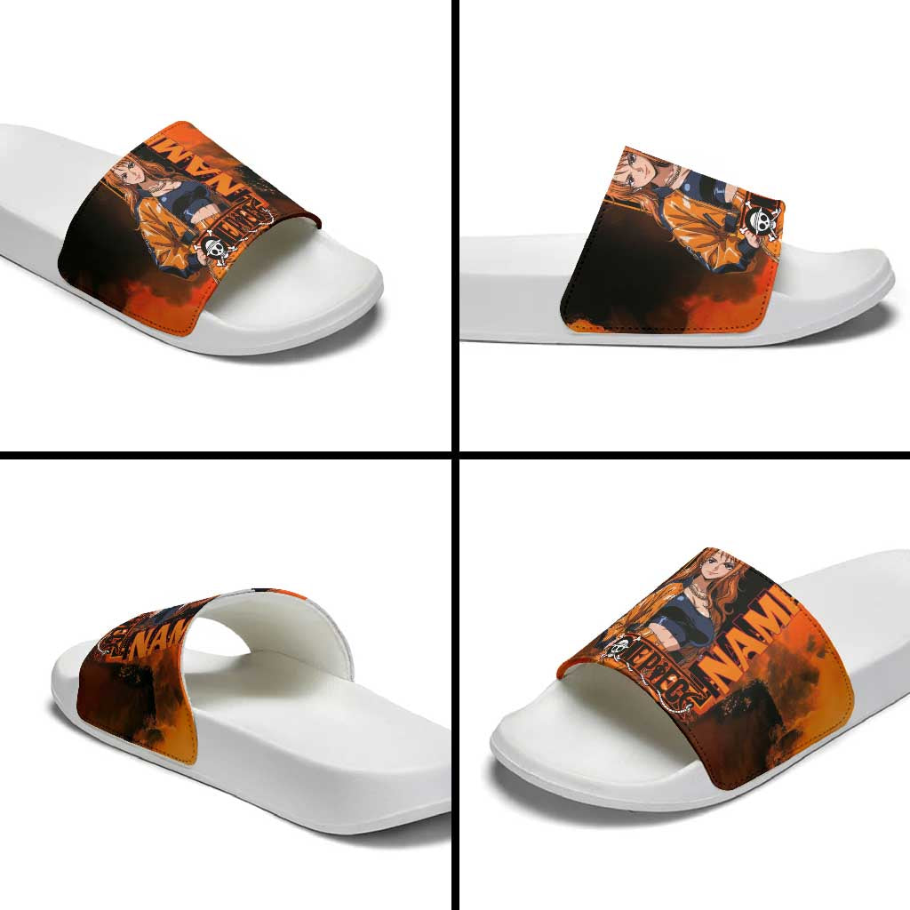 Nami One Piece Orange and Black Theme Slide Sandals with Navigator Pose and Weather Staff Design - The Mazicc