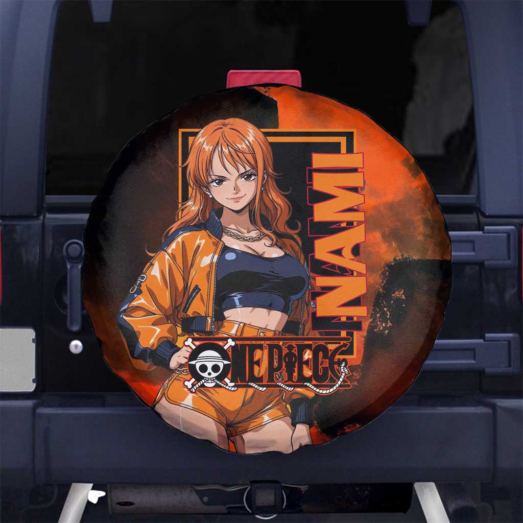 Nami One Piece Orange and Black Theme Spare Tire Cover with Navigator Pose and Weather Staff Design - The Mazicc