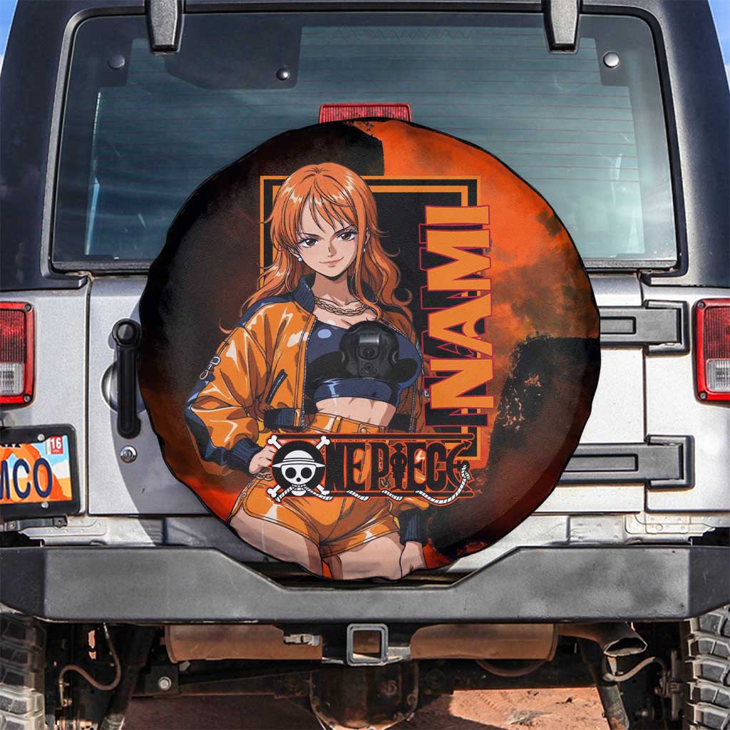 Nami One Piece Orange and Black Theme Spare Tire Cover with Navigator Pose and Weather Staff Design - The Mazicc