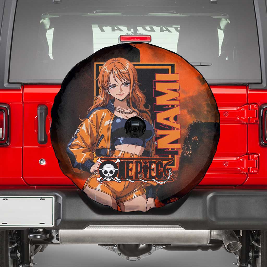 Nami One Piece Orange and Black Theme Spare Tire Cover with Navigator Pose and Weather Staff Design - The Mazicc