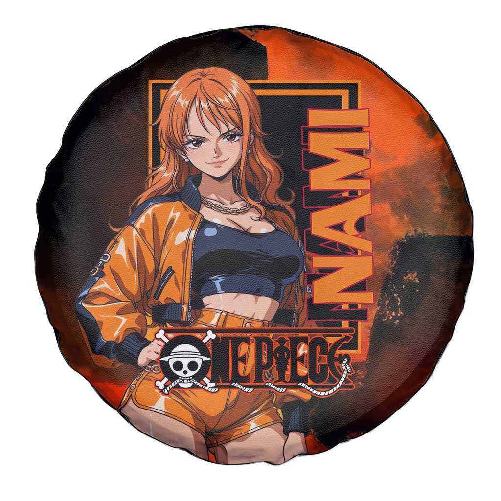 Nami One Piece Orange and Black Theme Spare Tire Cover with Navigator Pose and Weather Staff Design - The Mazicc