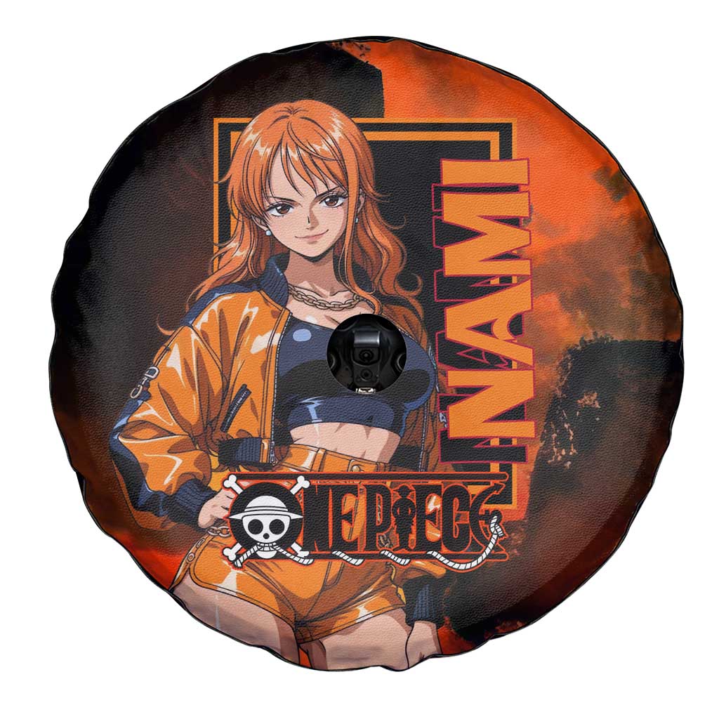 Nami One Piece Orange and Black Theme Spare Tire Cover with Navigator Pose and Weather Staff Design - The Mazicc