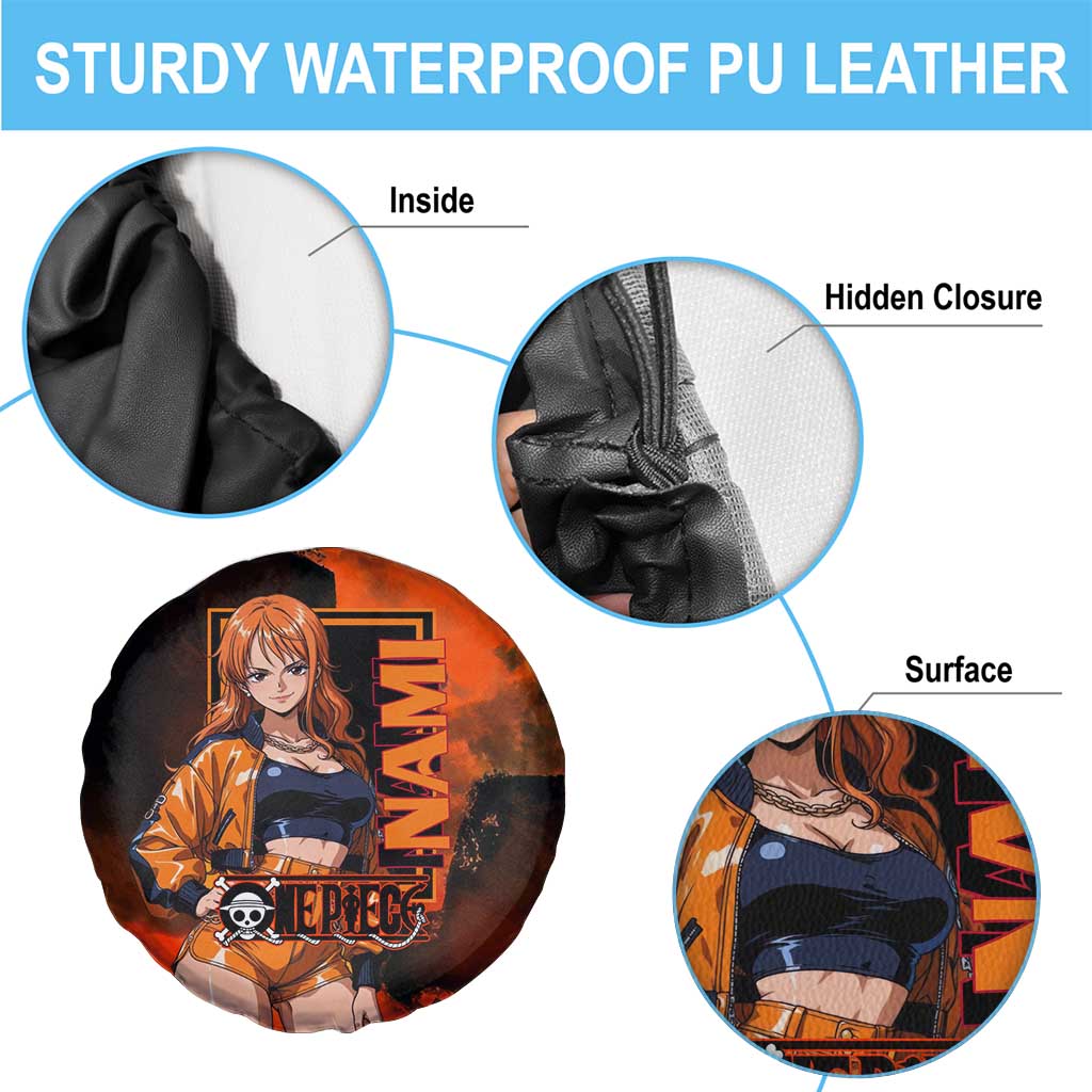 Nami One Piece Orange and Black Theme Spare Tire Cover with Navigator Pose and Weather Staff Design - The Mazicc
