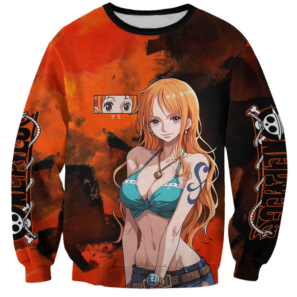 Nami One Piece Orange and Black Theme Sweatshirt with Navigator Pose and Weather Staff Design - The Mazicc