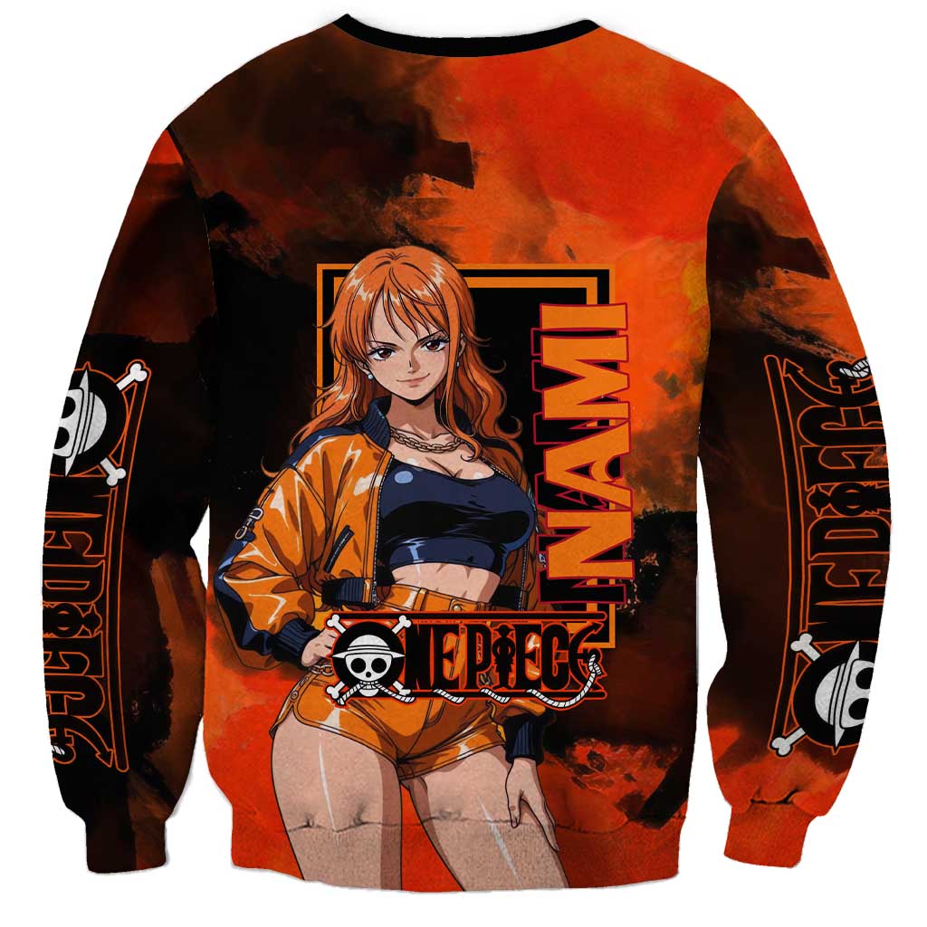Nami One Piece Orange and Black Theme Sweatshirt with Navigator Pose and Weather Staff Design - The Mazicc