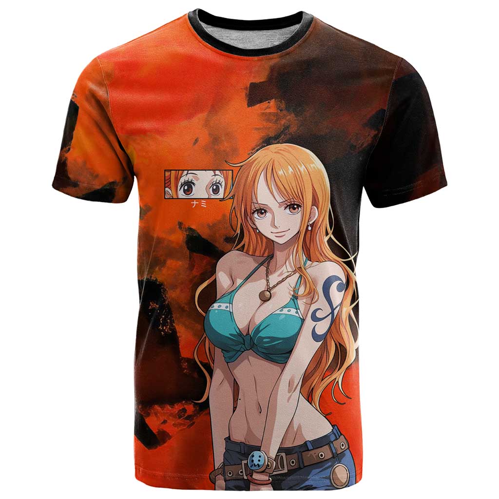 Nami One Piece Orange and Black Theme T Shirt with Navigator Pose and Weather Staff Design - The Mazicc