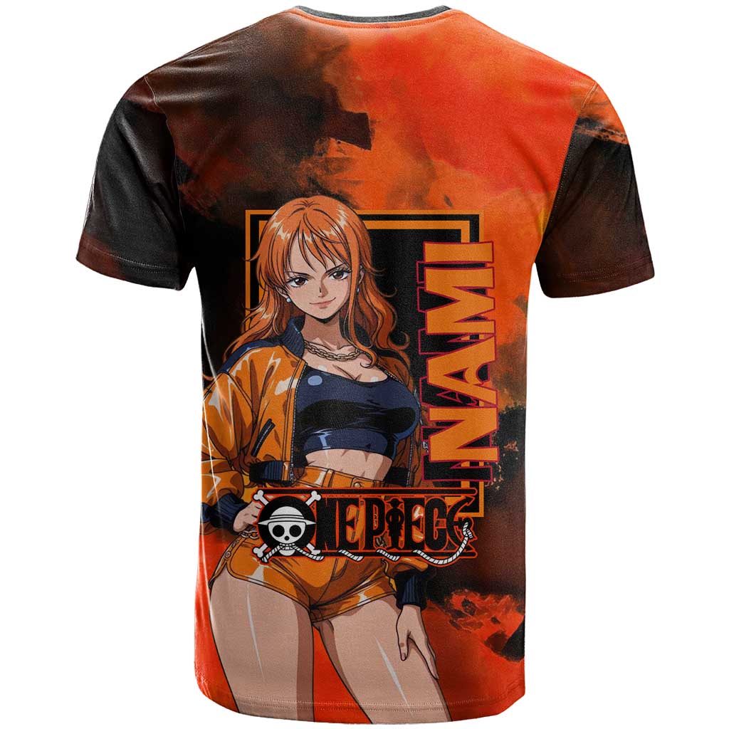 Nami One Piece Orange and Black Theme T Shirt with Navigator Pose and Weather Staff Design - The Mazicc