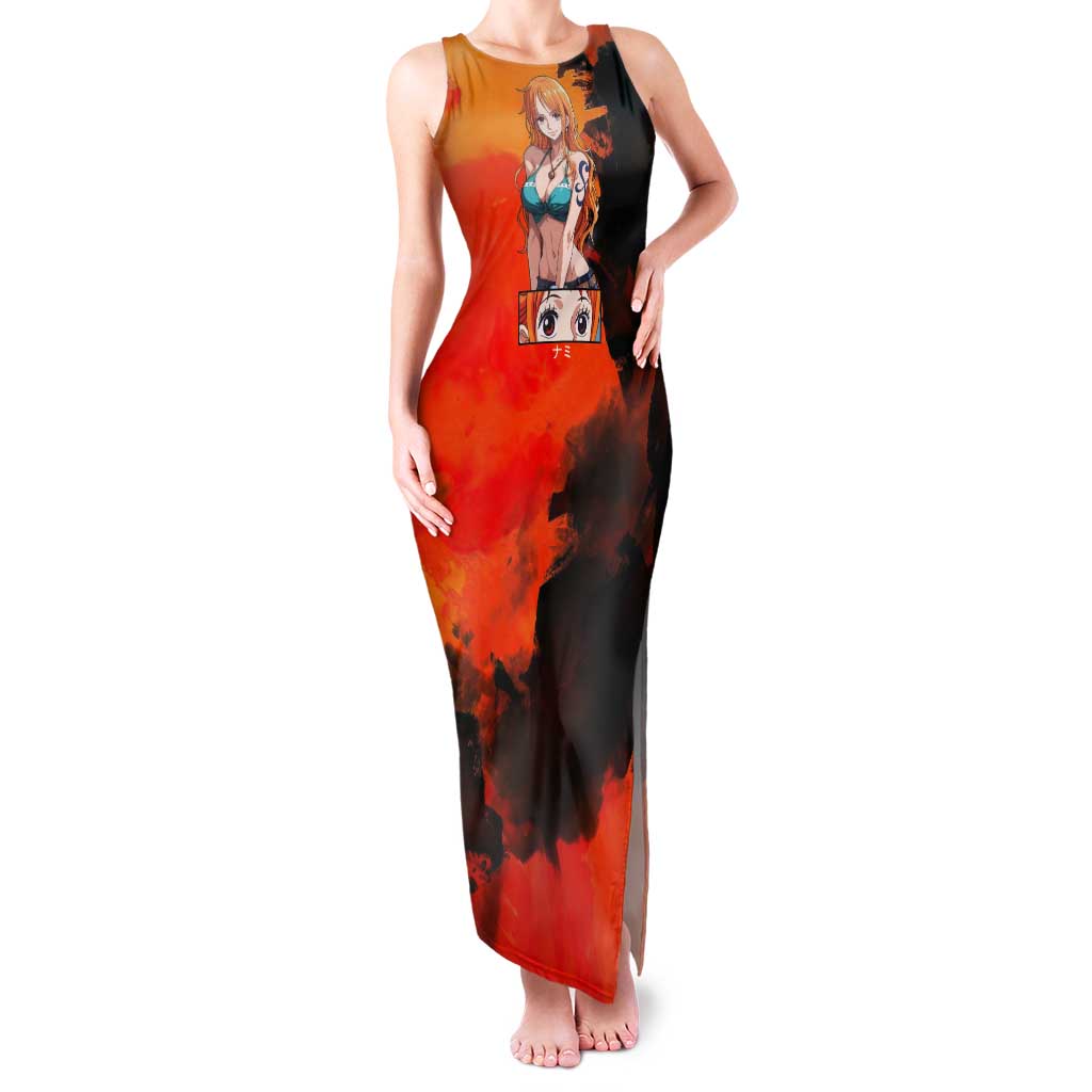 Nami One Piece Orange and Black Theme Tank Maxi Dress with Navigator Pose and Weather Staff Design - The Mazicc