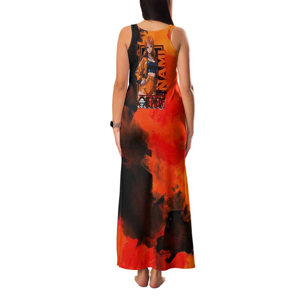 Nami One Piece Orange and Black Theme Tank Maxi Dress with Navigator Pose and Weather Staff Design - The Mazicc