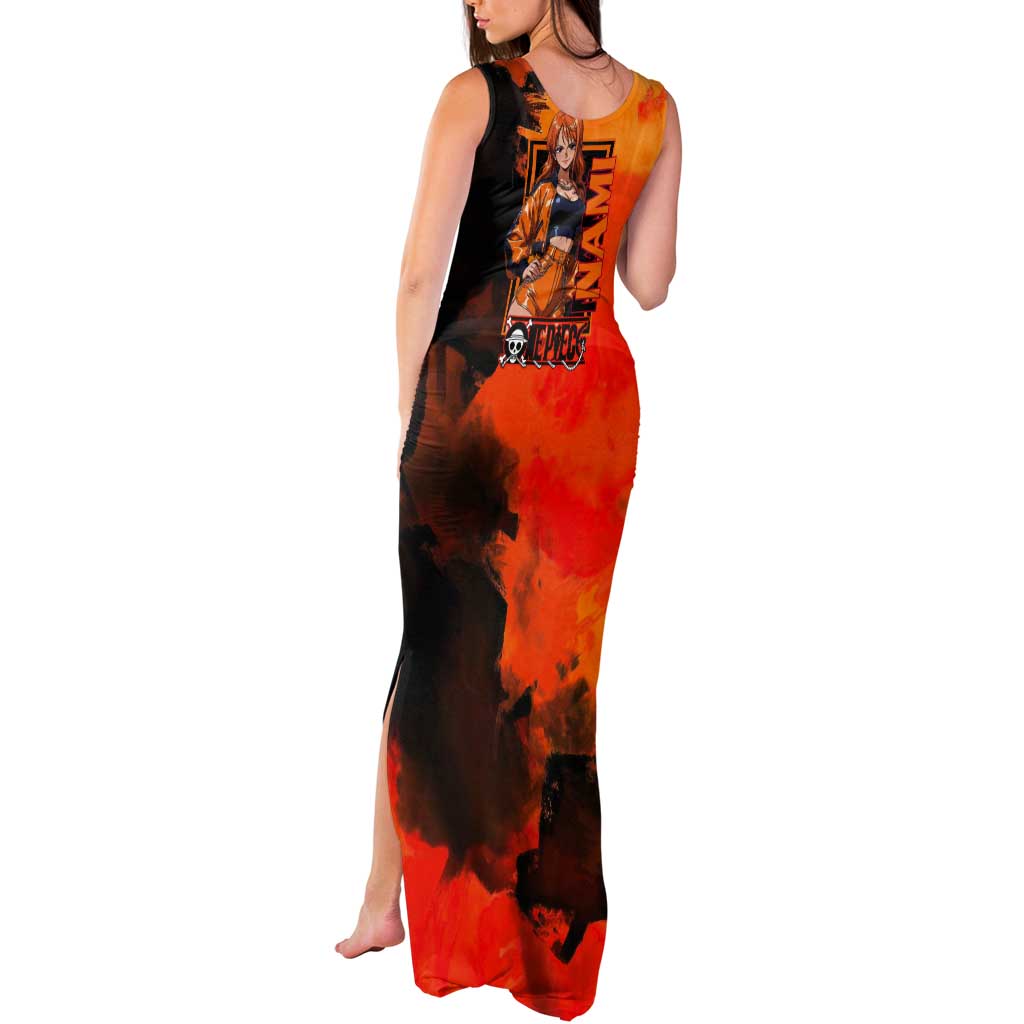 Nami One Piece Orange and Black Theme Tank Maxi Dress with Navigator Pose and Weather Staff Design - The Mazicc