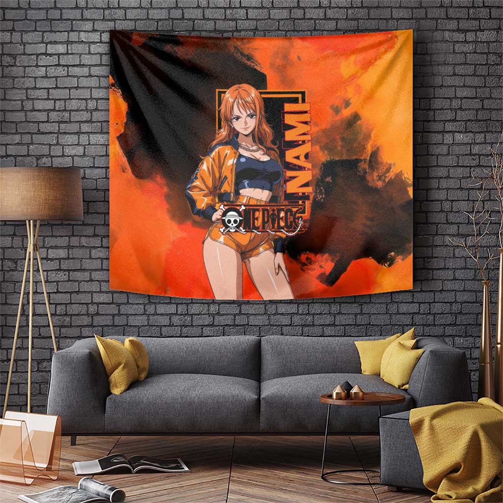 Nami One Piece Orange and Black Theme Tapestry with Navigator Pose and Weather Staff Design - The Mazicc