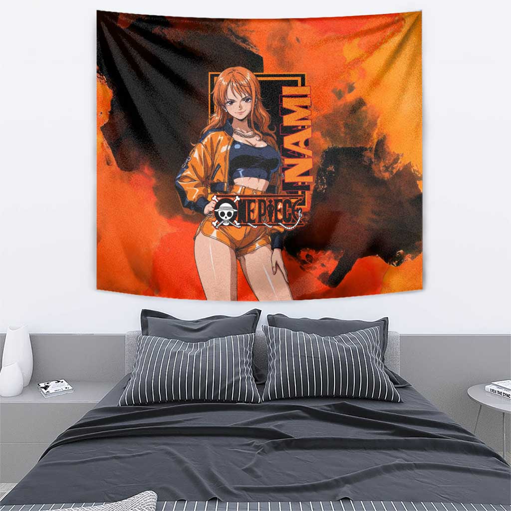 Nami One Piece Orange and Black Theme Tapestry with Navigator Pose and Weather Staff Design - The Mazicc