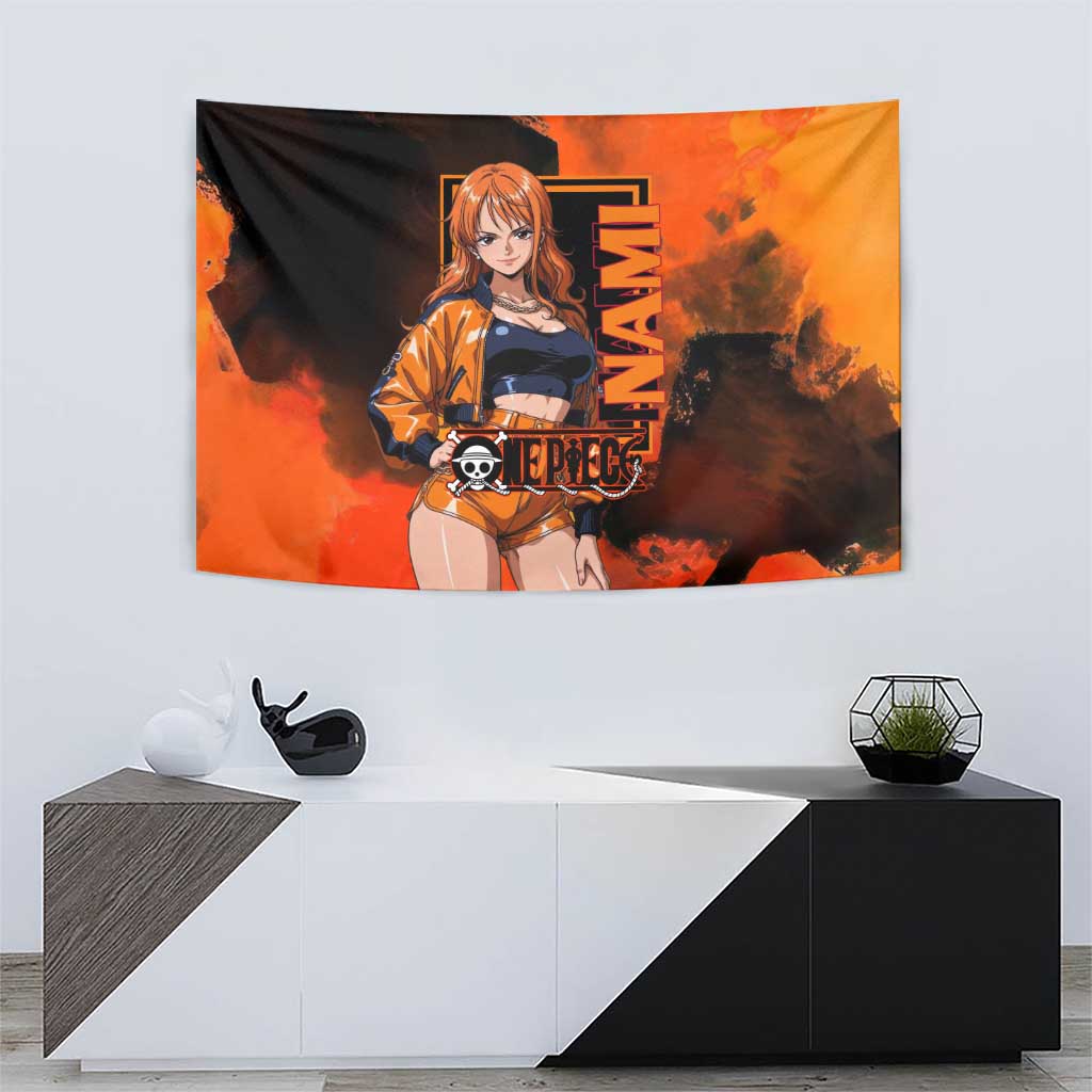 Nami One Piece Orange and Black Theme Tapestry with Navigator Pose and Weather Staff Design - The Mazicc