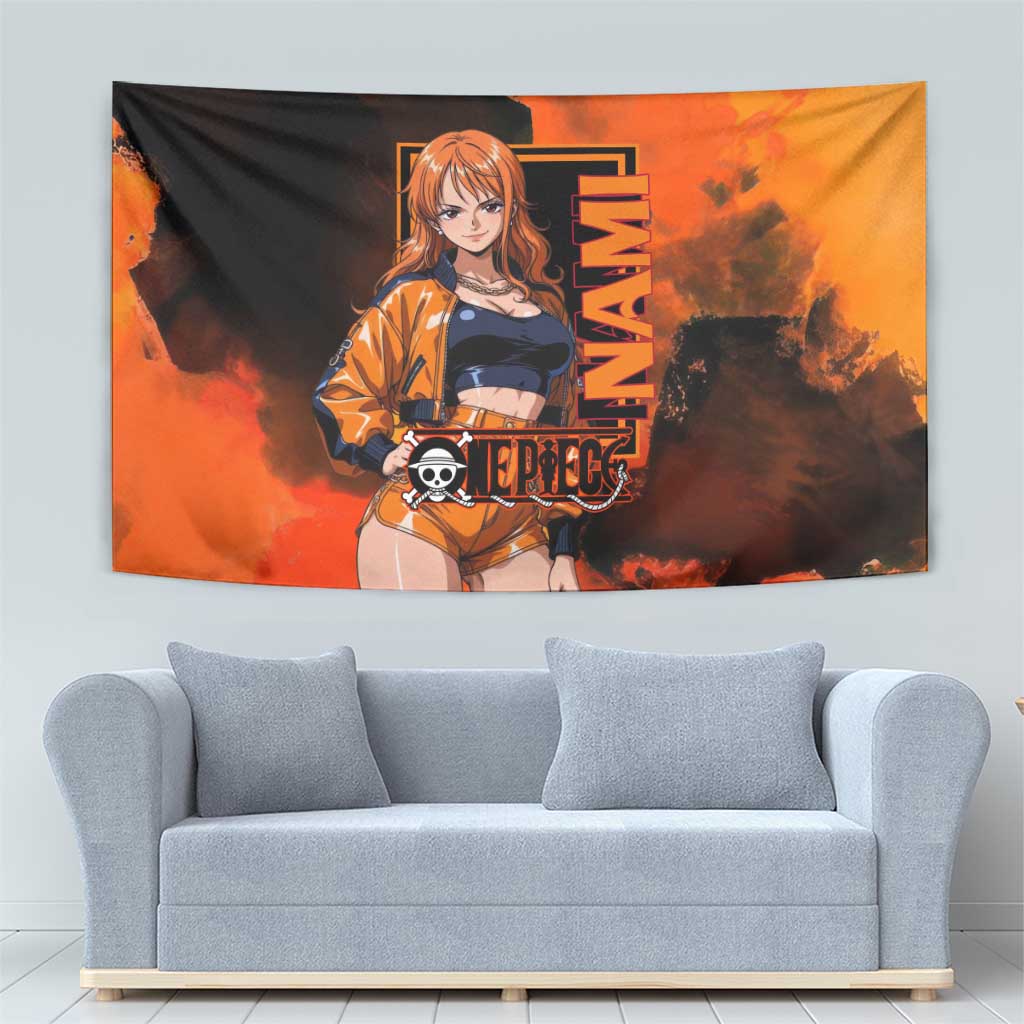 Nami One Piece Orange and Black Theme Tapestry with Navigator Pose and Weather Staff Design - The Mazicc