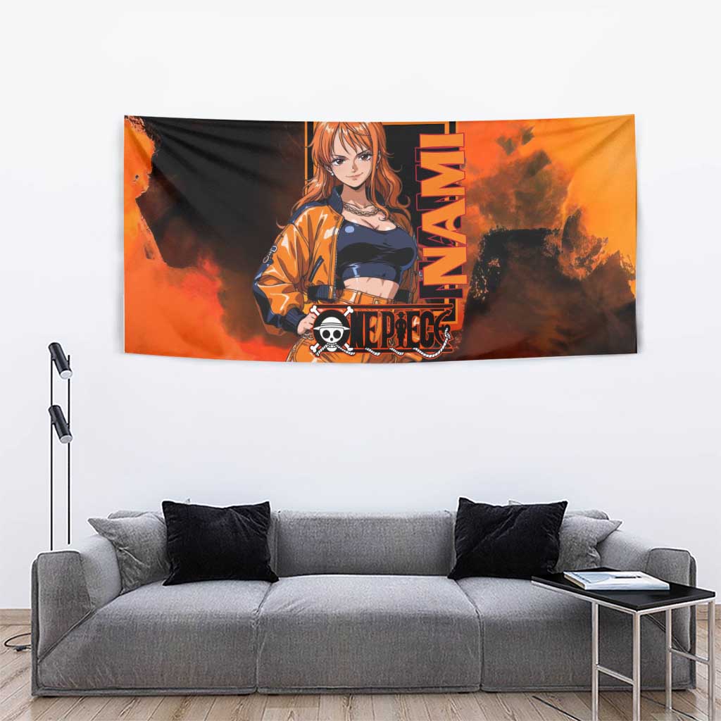 Nami One Piece Orange and Black Theme Tapestry with Navigator Pose and Weather Staff Design - The Mazicc