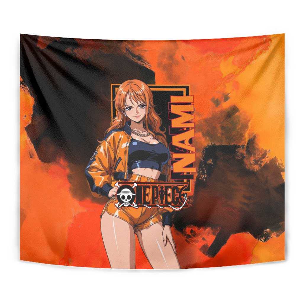 Nami One Piece Orange and Black Theme Tapestry with Navigator Pose and Weather Staff Design - The Mazicc