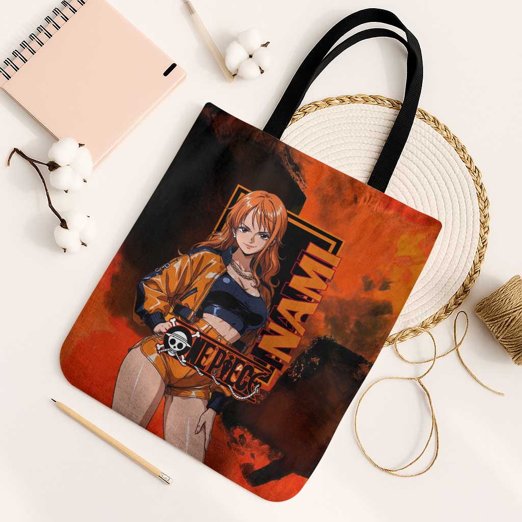 Nami One Piece Orange and Black Theme Tote Bag with Navigator Pose and Weather Staff Design - The Mazicc