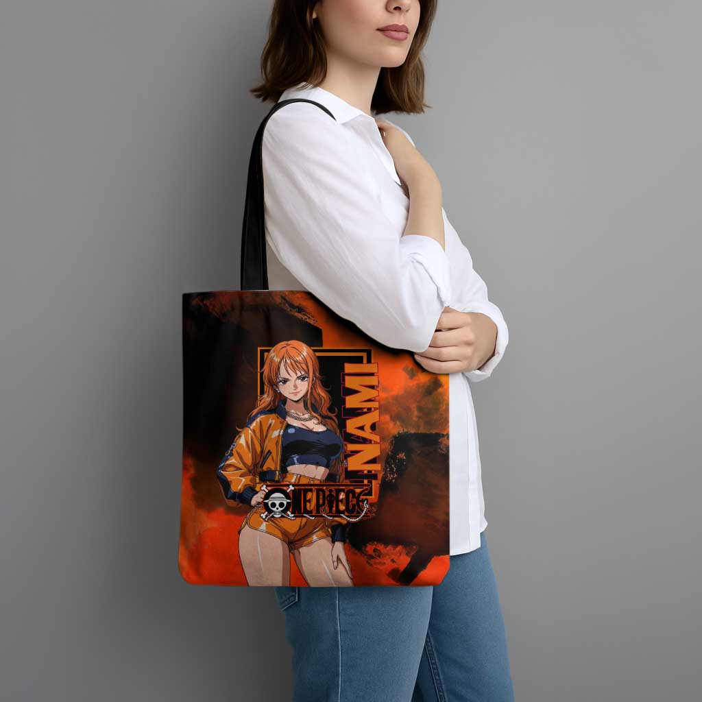 Nami One Piece Orange and Black Theme Tote Bag with Navigator Pose and Weather Staff Design - The Mazicc