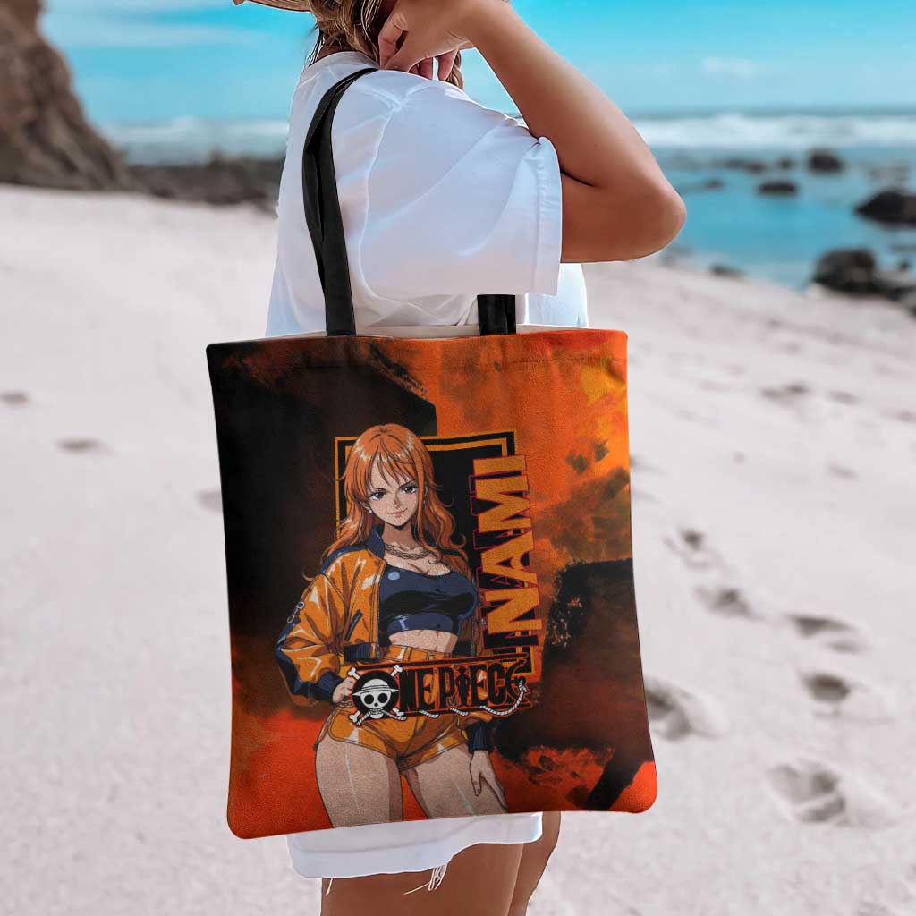 Nami One Piece Orange and Black Theme Tote Bag with Navigator Pose and Weather Staff Design - The Mazicc