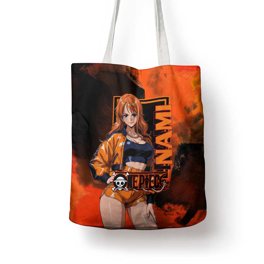 Nami One Piece Orange and Black Theme Tote Bag with Navigator Pose and Weather Staff Design - The Mazicc