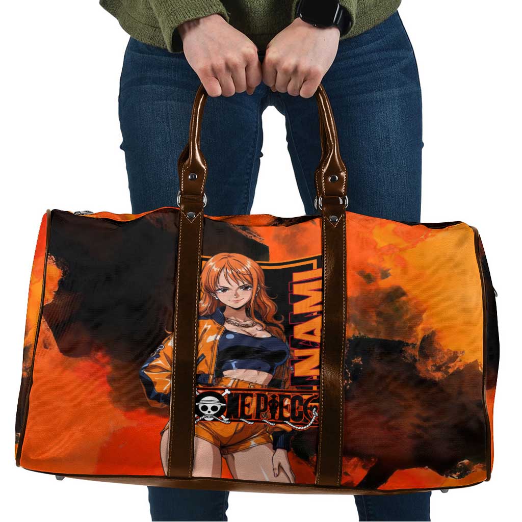 Nami One Piece Orange and Black Theme Travel Bag with Navigator Pose and Weather Staff Design - The Mazicc