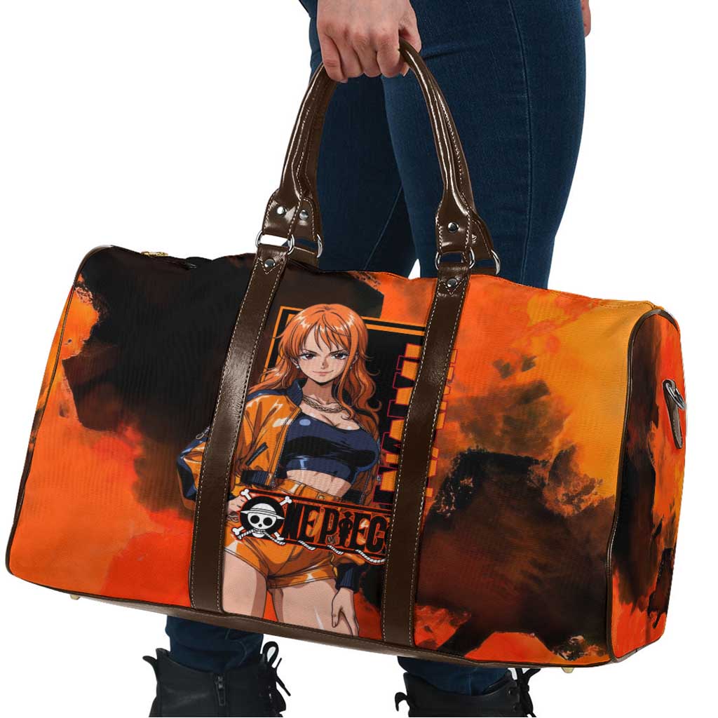 Nami One Piece Orange and Black Theme Travel Bag with Navigator Pose and Weather Staff Design - The Mazicc
