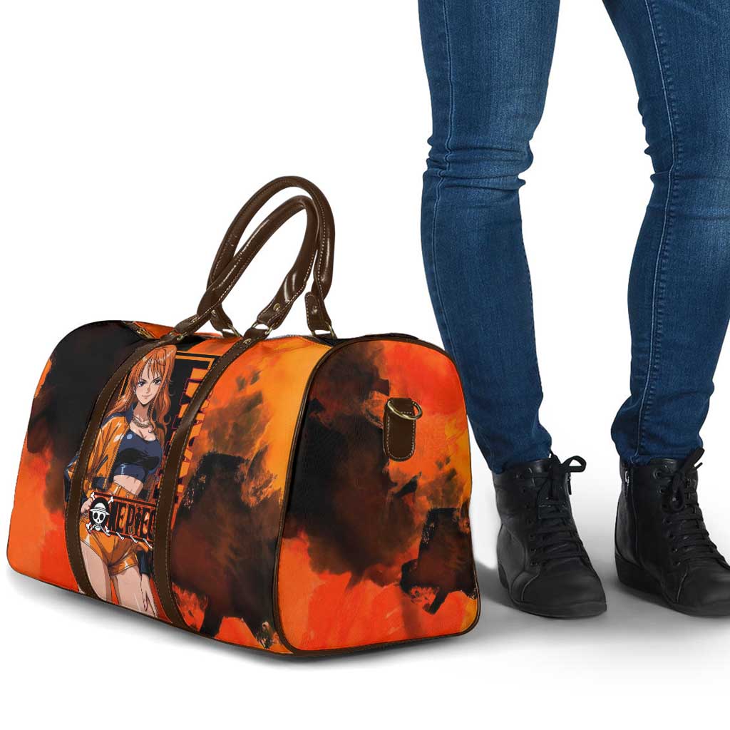 Nami One Piece Orange and Black Theme Travel Bag with Navigator Pose and Weather Staff Design - The Mazicc