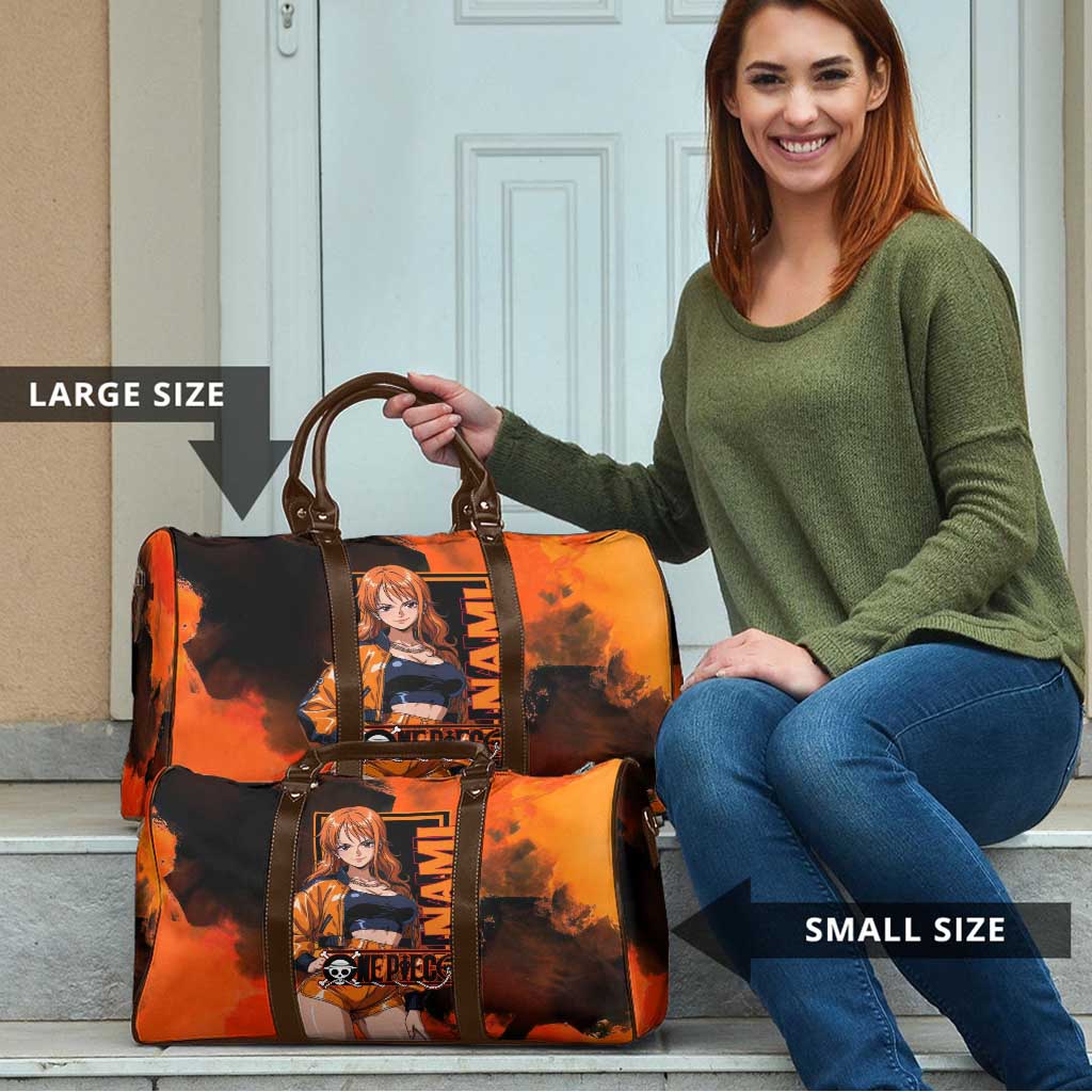 Nami One Piece Orange and Black Theme Travel Bag with Navigator Pose and Weather Staff Design - The Mazicc